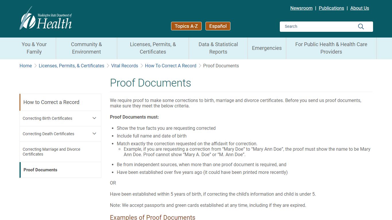 Proof Documents | Washington State Department of Health