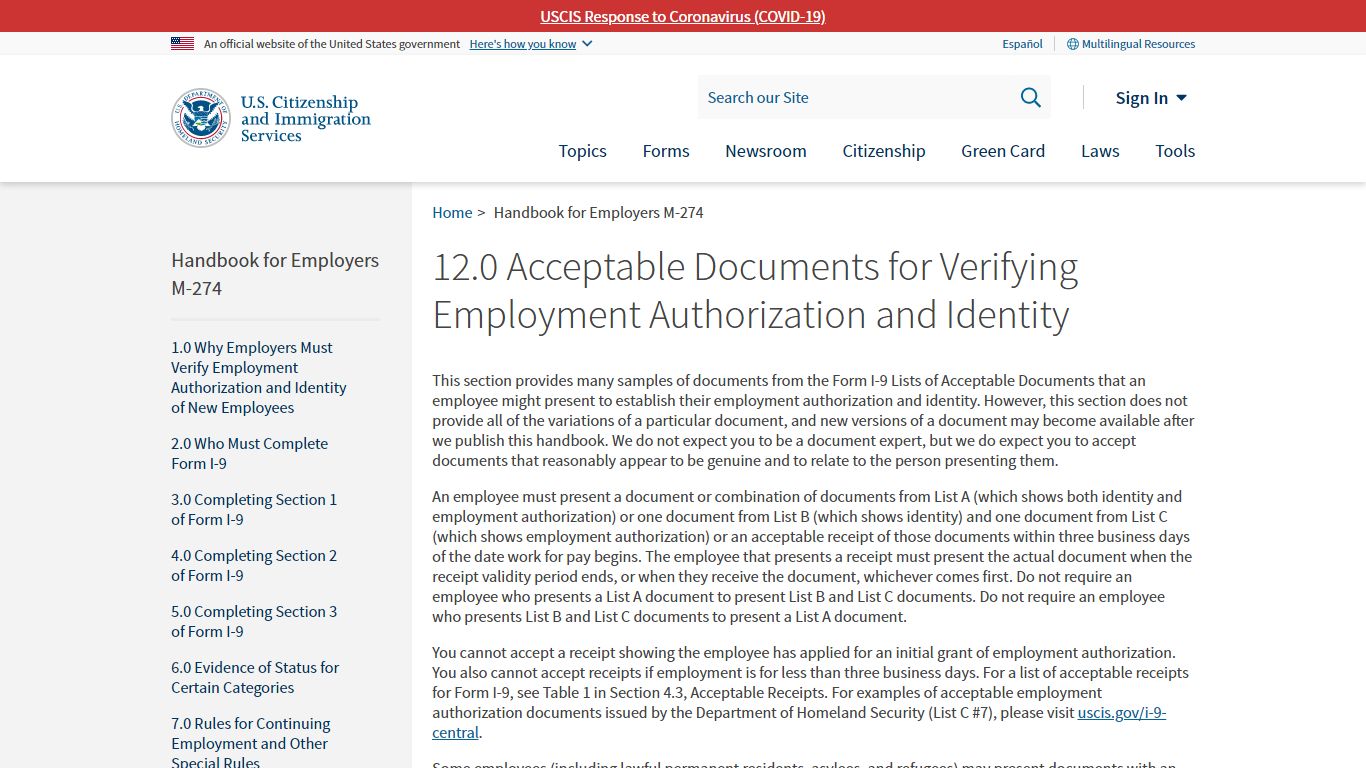 12.0 Acceptable Documents for Verifying Employment ... - USCIS
